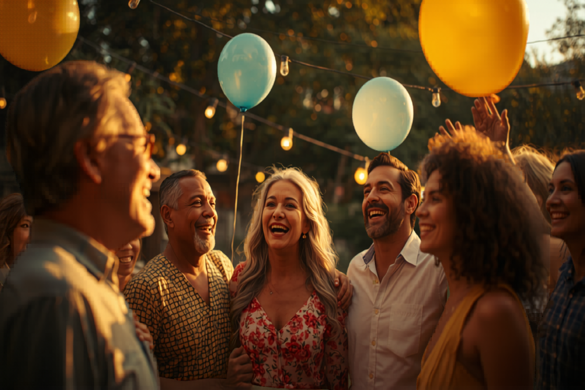 A diverse group of friends laughing together at a backyard party with balloons and string lights, golden hour.
