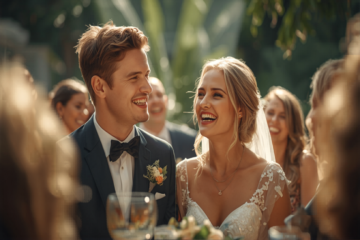 A bride and groom laughing together at their wedding reception in soft daylight, friends behind them.